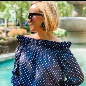Tuckernuck Off the Shoulder Navy Dot Marguerite Blouse  (L)